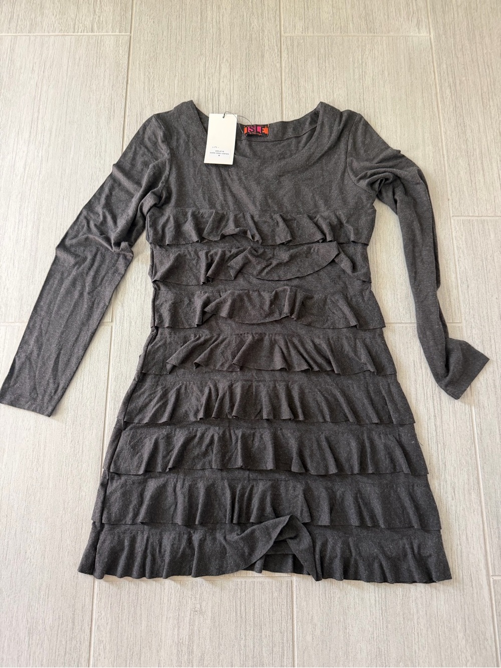 NWT Women's Long-Sleeve Ruffle Tiered Dress in Charcoal Gray